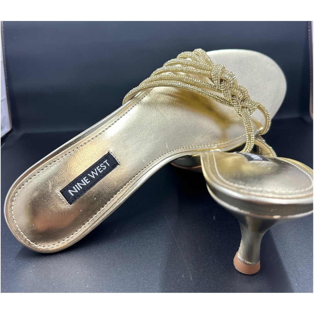 Nine West Sandal Womens 7M Gold Rhinestone Knotted Kitten Heel Mules